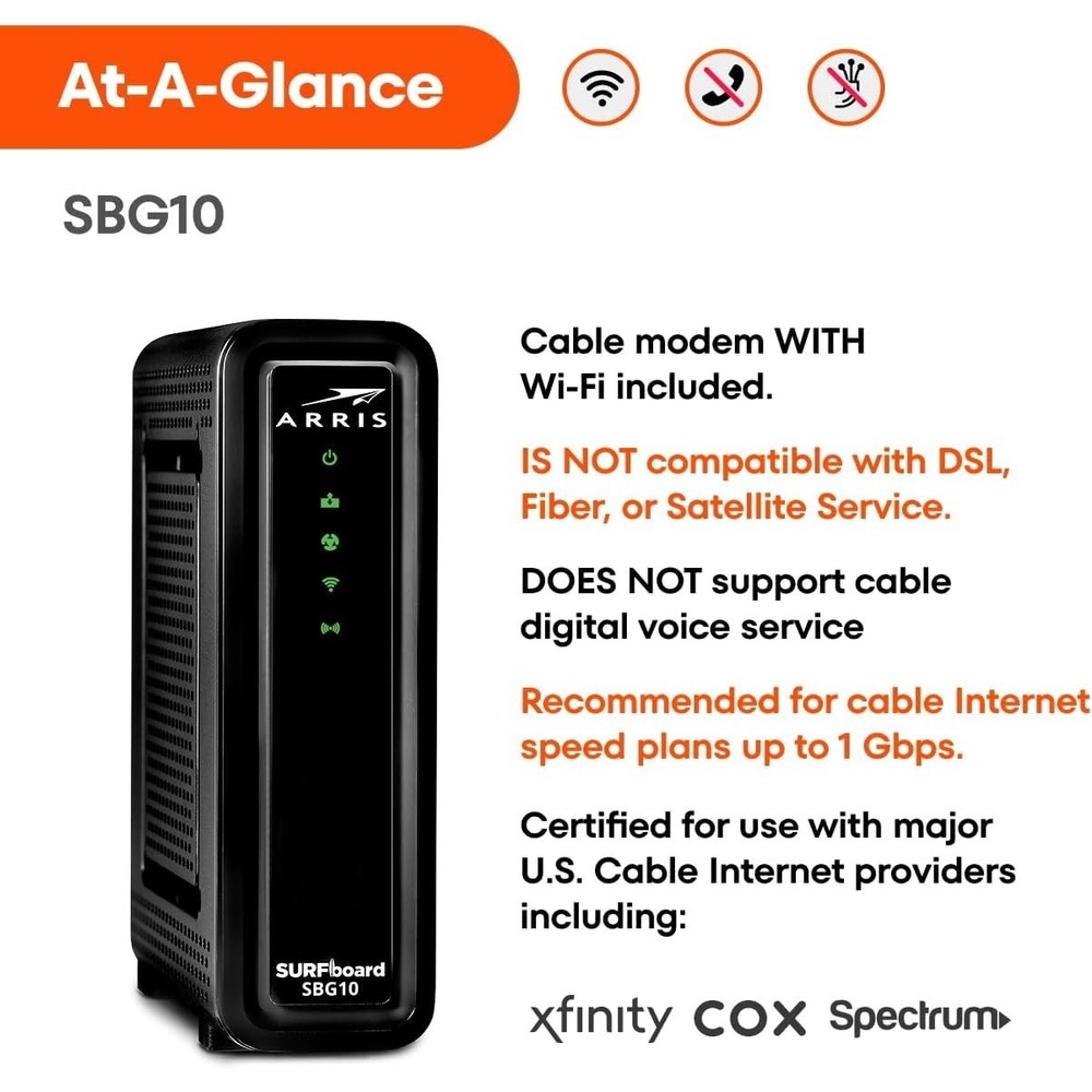 ARRIS SBG10 DOCSIS 3.0 Modem Router Combo – AC1600 WiFi, Xfinity/Cox, 400Mbps - Picture 11 of 13